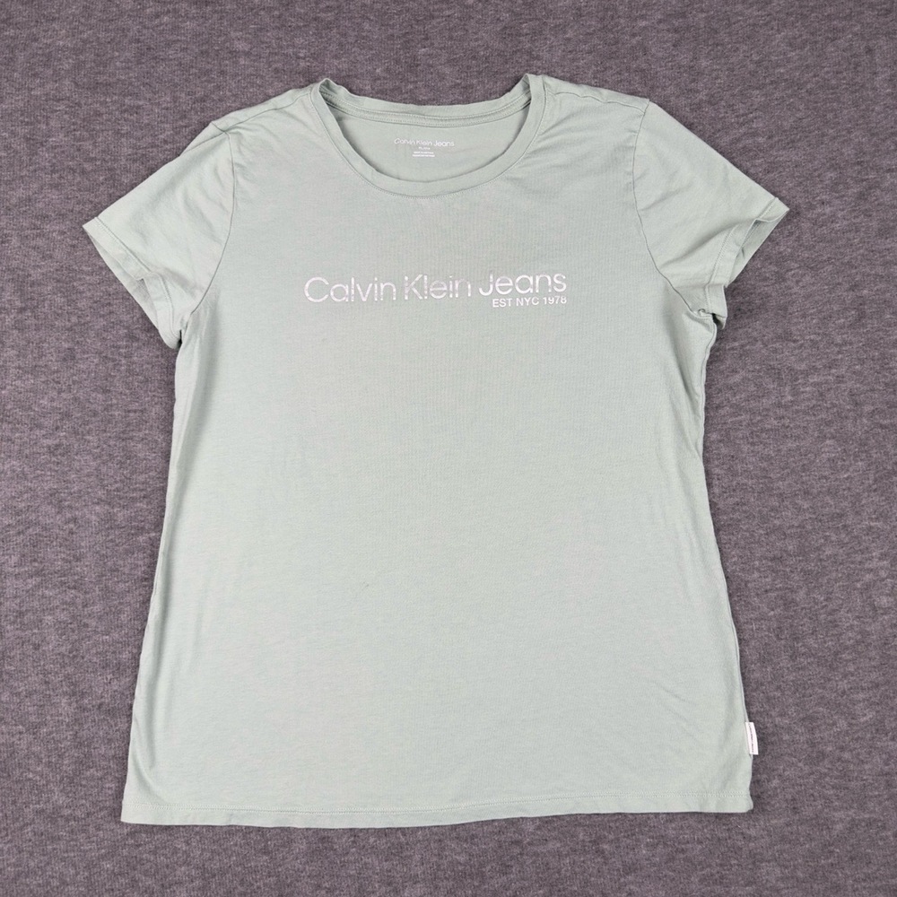 Calvin‎ Klein Jeans T-shirt Womens XL Sage Green Crew Neck Fitted Short Sleeve